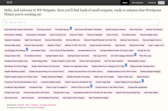Wordpress Snippets (http://wp-snippets.com)